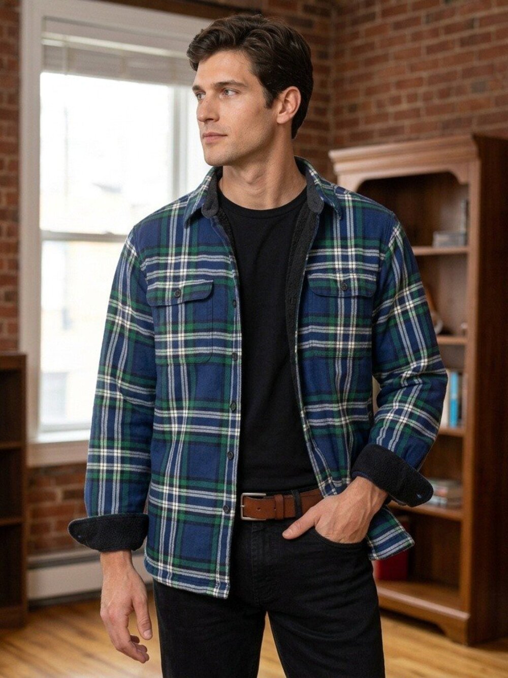 L.L.BEAN Plaid Fleece Lined Flannel Shirt Jacket Size Large Blue Sz L-REG